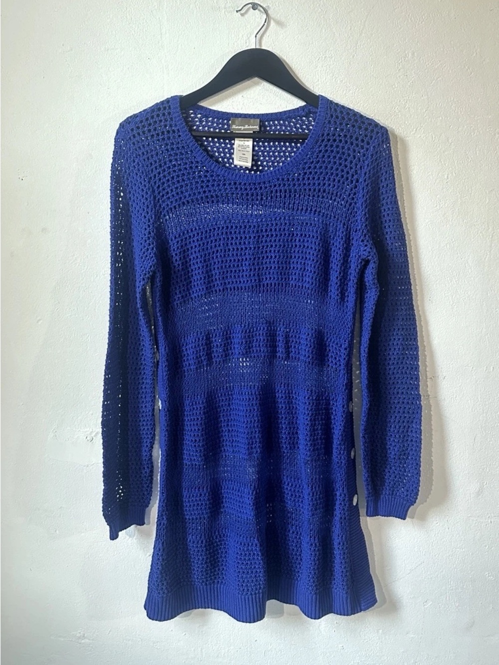 Tommy Bahama Blue Open Knit Sweater Dress Cover Up Women’s Medium Linen Cotton
